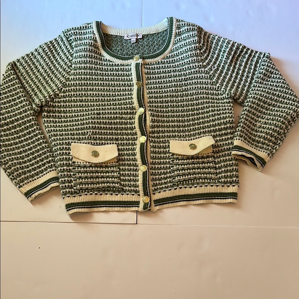 Nanette Lepore Textured Green and Cream Sweater